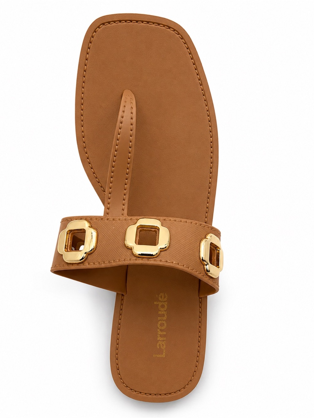 Larroude Tan Slide Sandals with Gold Buckle Detail - Picture 3 of 7